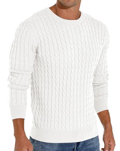 Askdeer Men's Pullover Sweater Crewneck Cable Knit Long Sleeve Sweater Classic Soft Knitted Sweaters with Ribbing Edge White 2XL
