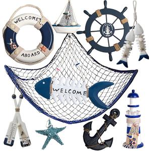 10 PCS Wood Coastal Wall Hanging Ornament Decoration, Nautical Mediterranean Style Beach Wooden Lighthouse, Anchor, Boat, Rudder, Oar, Life Ring, Ship, Starfish, Fishing Nets, Steering Wheel Sailing Home Decor
