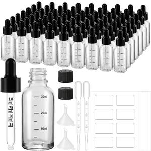 UPBUD 63 Pcs 1oz Clear Glass Dropper Bottles with Measurement, 30ml Leakproof Tincture Bottles with Funnels, Eye Droppers, Extra Caps & Labels, Refillable Empty Bottle for Tinctures, Essential Oils