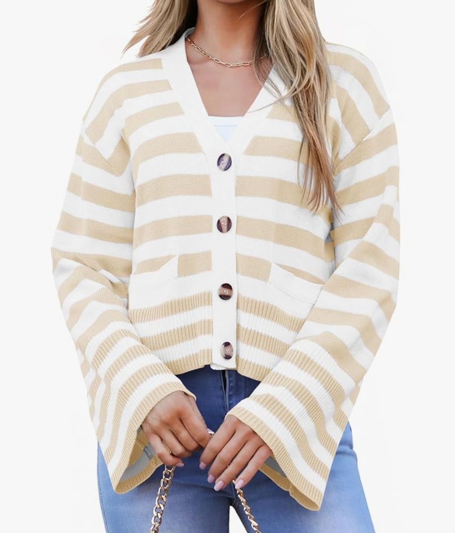 Saodimallsu Womens Striped Cardigan Sweaters Cropped Fall Button Open Front Long Sleeve Knit Sweater Coat with Pockets, XXL Saodimallsu Womens Striped Cardigan Sweaters Cropped Fall Button Open Front Long Sleeve Knit Sweater Coat with Pockets, XXL