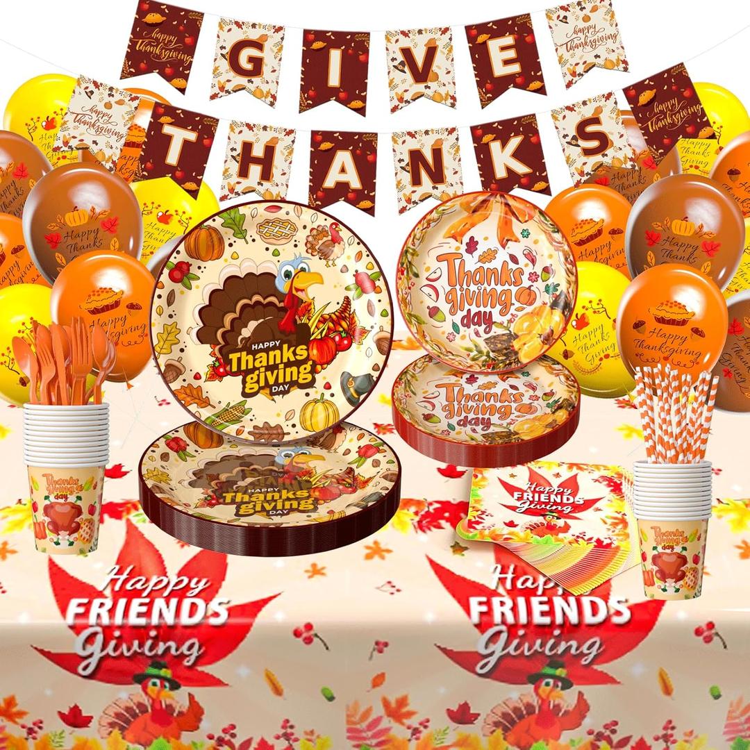 Thanksgiving Party Supplies 212 PCS Disposable Plates Tablecloth Napkins Cups Banner Balloons Thanksgiving Party Decorations Fall Party Supplies Dinnerware Set Serves 24 Friendsgiving (Autumn Harvest)