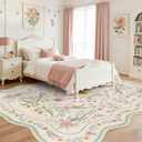 Scalloped Floral Rug 8x10, Sage Green Washable Large Area Rug for Bedroom, Non Slip Low Pile Cottagecore Rug for Living Room, Girls Room, Dorm, or Reading Nook Green Beige