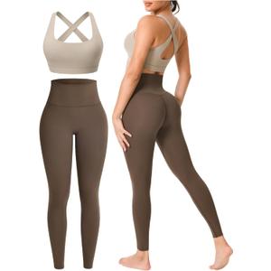 Workout Sets for Women 2 Piece Seamless High-Waisted Leggings & Cross Back Padded Sports Bra for Yoga Pilates (Medium, Light Khaki / Khaki)