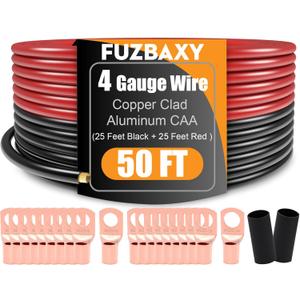 4 Gauge Wire (25Feet Black+25Feet Red) Copper Clad Aluminum CCA - Primary Automotive Power Inverter Wire,20PCS Lugs Terminal Connectors,20PCS Heat Shrink Tubing for Car Audio