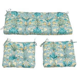ADLIVWYD 3-Pieces Wicker Chair Cushion Set, 1 loveseat and 2 U-Shape, 44"x19" &19"x19" Tufted Outdoor Cushions for Indoor/Outdoor Patio Furniture (Teal Floral), 44x19x5 inches