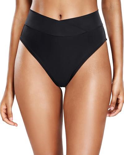 Tempt Me Women's High Waisted Bikini Bottom Crossover V Cut Bathing Suit Swim Bottom, Medium