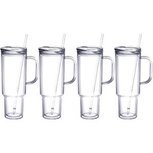 MEWAY 40 oz Tumbler with Handle and Straw LidDouble Wall Vacuum Reusable plastic Water Bottle Travel Mug CupClassic Acrylic Tumblers Cupholder Friendly (4 Pack) (Transparent)