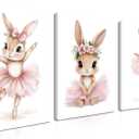 Baby Girl Nursery Wall Decor, Easter Nursery Canvas Wall Art Paintings Set of 3, Cute Animal Pink Bunny Posters Prints Pictures for Boys and Girls Room, Bedroom, Home Decor 12x16 In Framed