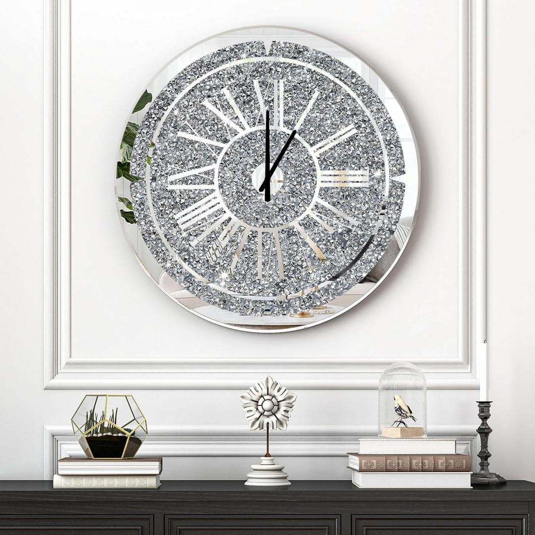 SHYFOY Crushed Diamond Wall Clock 24" Round Luxury Wall Clock with Mirror Glass, Elegant Roman Numerals, Quiet Movement, Large Decorative Wall Clocks for Living Room, Dining Room, Office