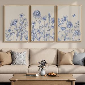 Framed Neutral Chinoiserie Blue Botanical Wall Art, 3 Piece Minimalist Floral Canvas Artwork for Modern Farmhouse, Flower Painting Prints for Living Room Bedroom Kitchen Office Dining Room, 20x30 In, 20" W x 30" H x 3Pcs