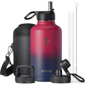 Half Gallon Water Bottle Insulated with Straw & 3 Lids, Coolflask 64 oz Water Jug Large Metal Stainless Steel Wide Mouth for Sports, Gym or Office, Non-BPA Keep Cold 48H Hot 24H, Ombre Wine/Navy