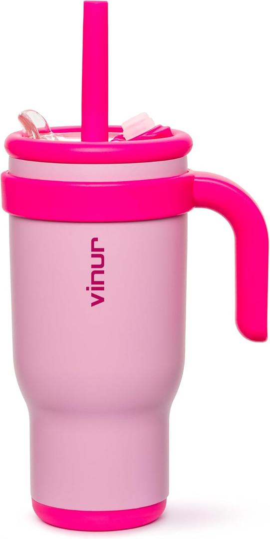 VINUR Kids Insulated Tumbler with Handle-Spill Proof & Leak Resistant-18/8 Stainless Steel Vacuum Water Cup with Straw Lid and Silicone Base-Cup Holder Friendly, 17 oz-Purple Pink