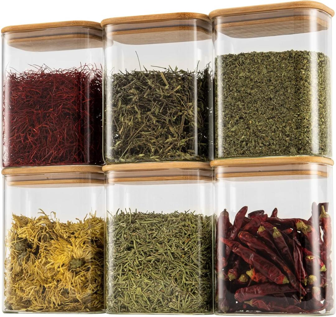 D2scrma 37oz Rectangle Airtight Glass Storage Containers with Bamboo Lids (Set of 6), Square Food Storage Jar, Pantry Organizers for Cereal, Nuts, Snacks and Coffee beans (with Black Lable)