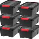 IRIS USA 13 Qt Stackable Plastic Storage Bins with Lids, 6 Pack - BPA-Free, Made in USA - Garage Organizing Solution, Latches, Durable Nestable Containers, Secure Pull Handle - Black