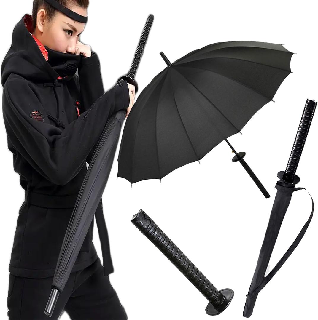 Samurai Umbrella Katana, Ninja Japanese Long Umbrella, Anime Cosplay Gifts for Men Cosplay Decoration, Windproof Stick Umbrella for Rain (Black-24bone)