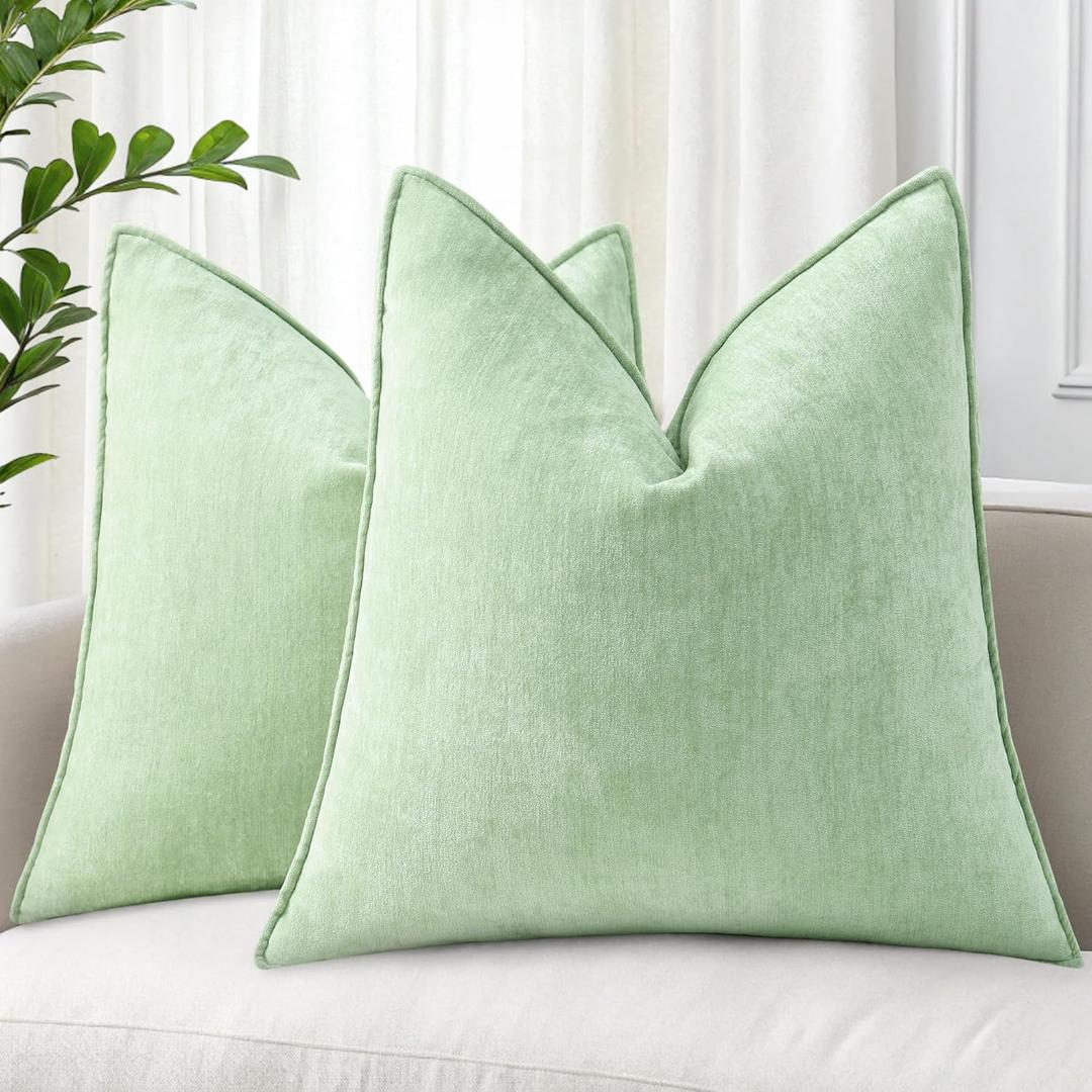 decorUhome Spring Couch Throw Pillow Covers 18x18 Set of 2, Decorative Soft Velvet Neutral Chenille Pillow Covers with Elegant Design for Sofa Bed Living Room Home Decor, Sage Green