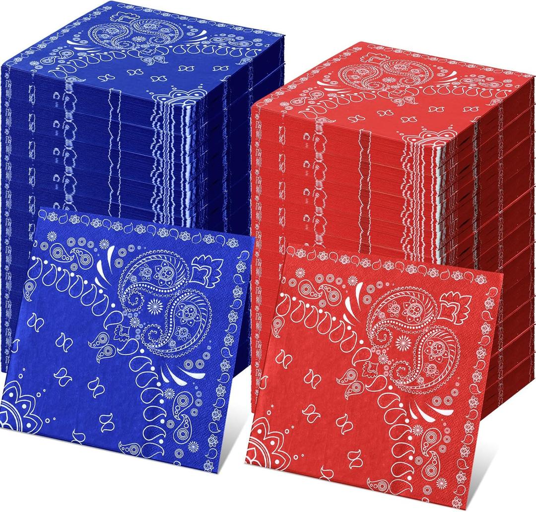 Teling Western Party Bandana Napkins 2 Ply Disposable Paisley Print Paper Napkin Bulk Cowboy Theme Party for Western Cowboy Birthday Rodeo Yeehaw Bday, 6.3" x 6.3"(Red Blue,100 Pcs)
