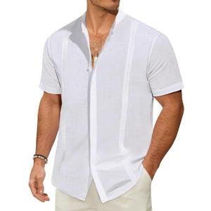 JEKAOYI Mens Casual Linen Button Down Short Sleeve Shirts Beach Summer Spread Collar Pocket Tops (White, XXXL)