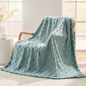 Light Green Textured Checkered Throw Blanket, 330GSM Soft Plush Fleece Blanket for Couch Sofa Bed, Cozy Decorative Giftable Home Blanket, 50x70 Inches