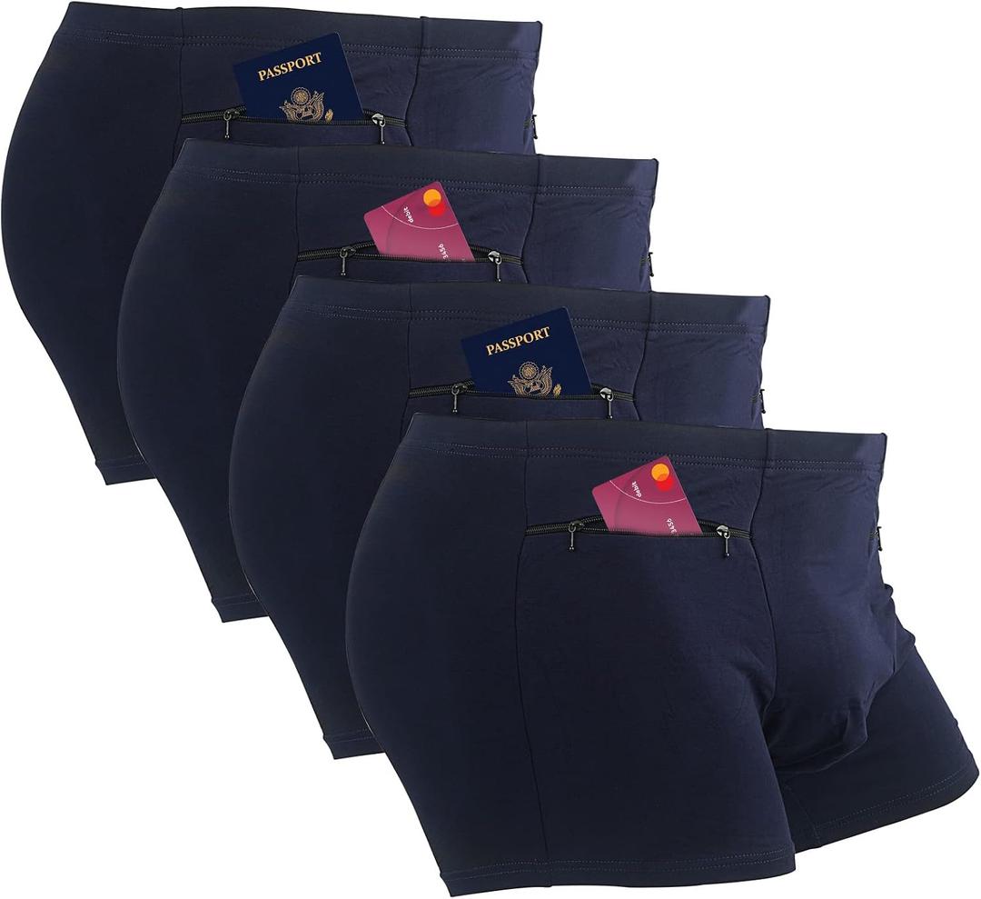 LUEXBOX Pocket Underwear for Men with Secret Hidden Pocket, Travel Boxer Briefs, 4 Packs (Dark Blue) S