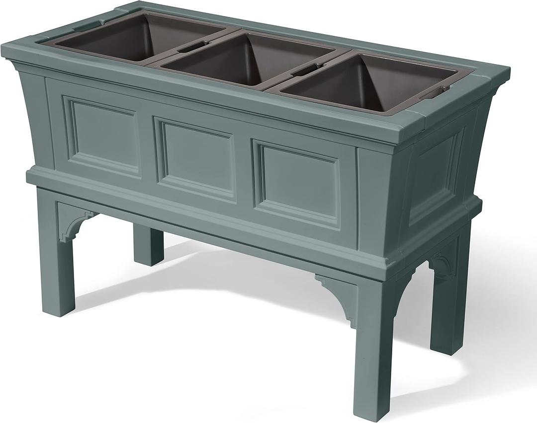 Step2 Atherton Raised Planter Box, Large Planters for Outdoor Plants, Gardening and Flower Pot for Patio or Porch, Easy Drainage, Durable Plastic, Sage Gray