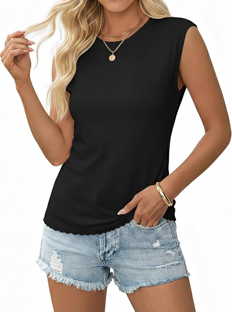 SOFIA'S CHOICE Women's Ribbed Tank Tops Lettuce Trim Cap Sleeve Top Summer Casual Fitted Basic Tee Shirts Black Small (Black, S)
