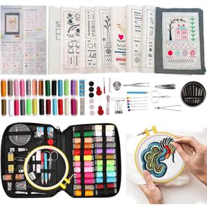 Losaria 100 PCS Complete Embroidery Stitch Kit with Includes Step-by-Step Instructions, Hoops, Threads, Needles & Fabric, All-in-One Portable Starter Set for Adult Beginners & DIY Craft Enthusiasts