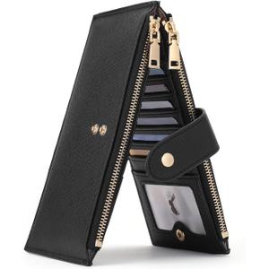 GOIACII Slim Wallets for Women RFID Blocking Card Holder 2 Zipper Pockets Thin Ladies Clutch Purse, Black
