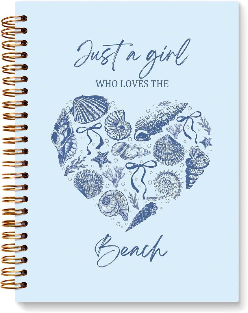 JXREQ Blue Coquette Bow Coastal Beach Notebook, Preppy Ocean Journal, Coastal Seashell Conch Journal, Blue Aesthetic Beachy Office Supplies, Just a Girl Who Loves the Beach Spiral Notebook 5.5x8.3
