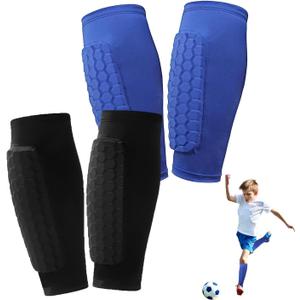 2 Pairs Soccer Shin Guards for Kids Youth Adult, Shin Guards Soccer Calf Compression Sleeve with Honeycomb Pads, Lightweight Shin Protector Support for Baseball MTB Football Boys Girls Protective Gear (X-Large, Black+Blue)