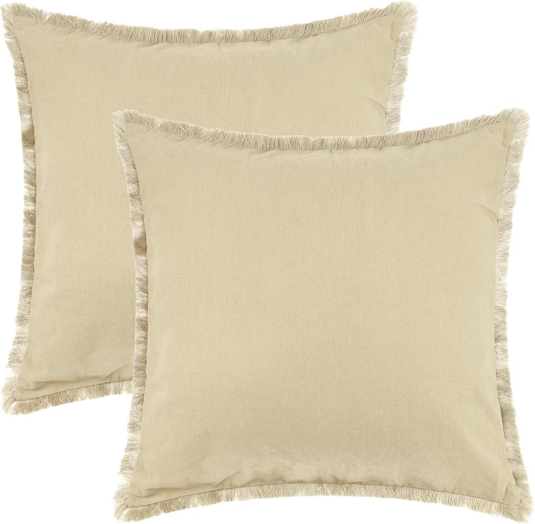 uxcell 2 Pcs Cotton Decorative Throw Pillow Cover with Tassel Trim for Farmhouse, Sofa, Couch, Bed Decor 18 X 18 Inch Beige1