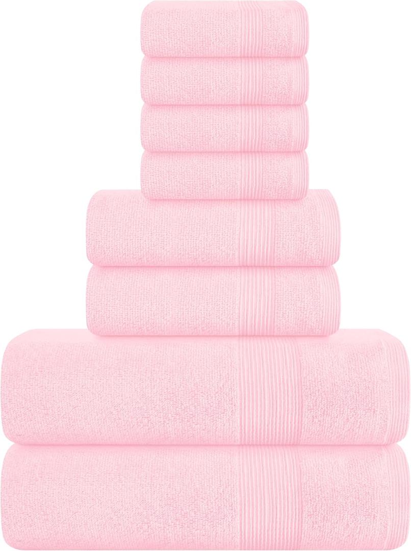 Belizzi Home 8 Piece Towel Set 100% Ring Spun Cotton, 2 Bath Towels 27x54, 2 Hand Towels 16x28 and 4 Washcloths 13x13 - Ultra Soft Highly Absorbent Machine Washable Hotel Spa Quality - Pink