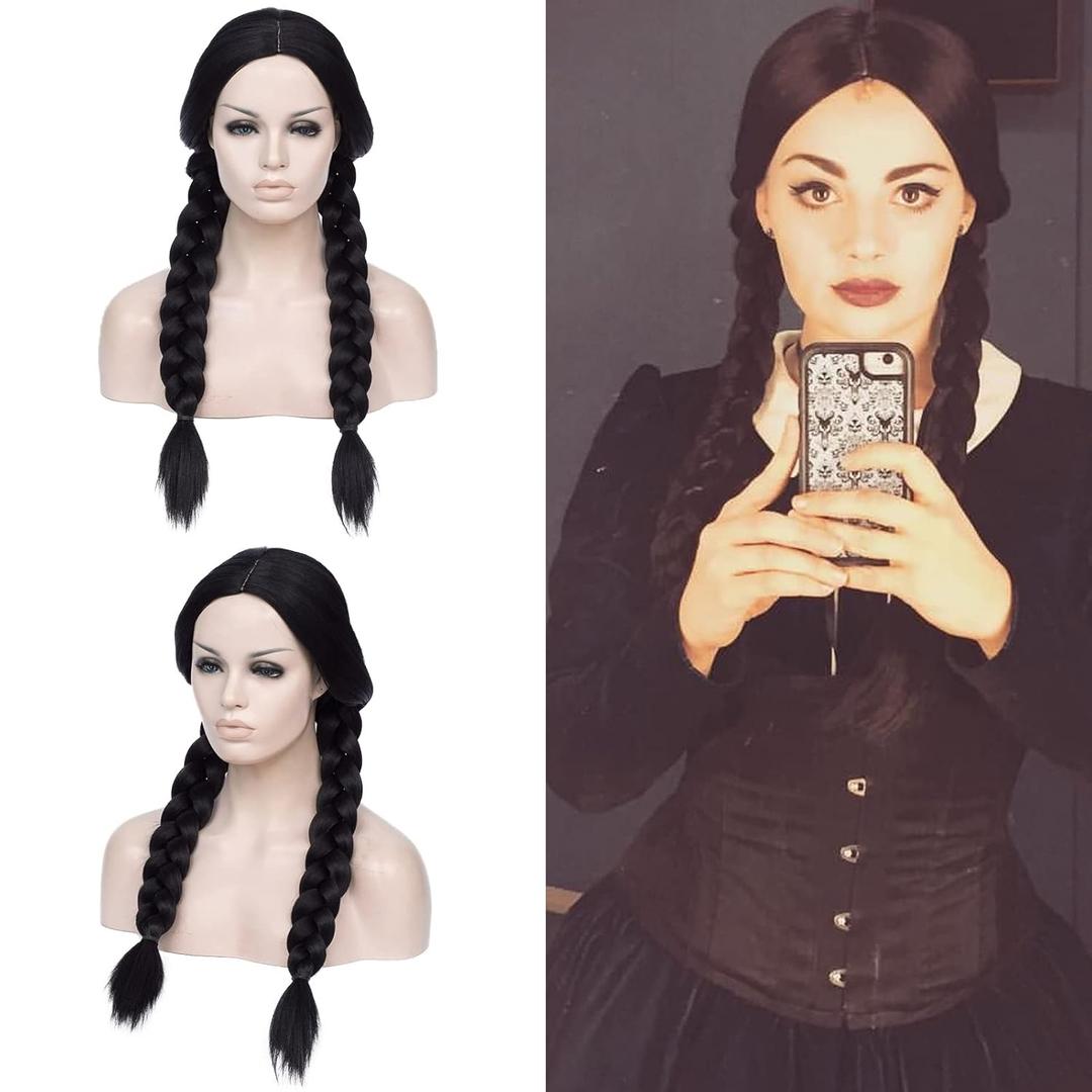 28" Long Black Two Braid Wig For Women Girls Heat Resistant Fiber Wigs Halloween Cosplay Daily Party +Cap (Adult, Black)