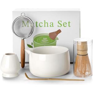 20OZ Matcha Whisk Set - 5PCS Matcha Kit Includes Ceramic Bowl with Spout, Bamboo Whisk with Holder, Bamboo Scoop and Sifter, Matcha Set for Ceremony, Gift for Matcha Lovers (White)
