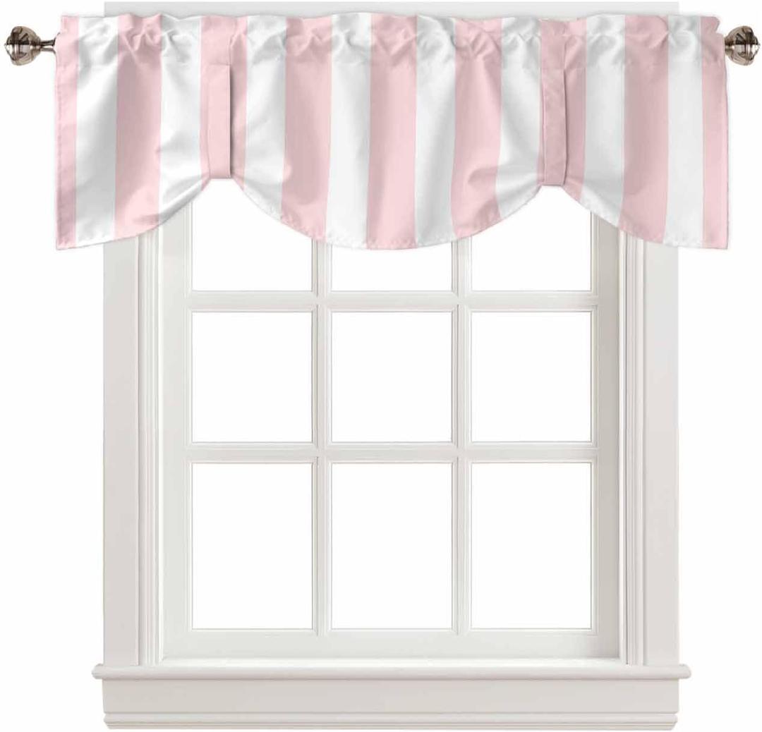 Pink Striped Tie Up Valance Curtains for Windows, Farmhouse Kitchen Curtains Window Treatments, Modern Pink White Stripes Short Window Shades Valances for Bedroom Bathroom Cafe 42"x12"