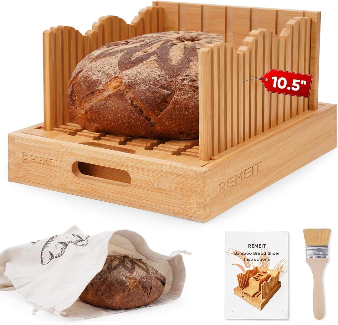 Bread Slicer for Homemade Bread, Adjustable Large Bamboo Sourdough Bread Slicer with Slicing Guide & Crumb Tray, Bread Loaf Cutter for Sourdough, Cakes & Bagels  Baking Gift