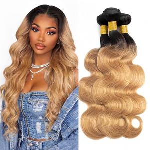 Ombre T1B/27 Body Wave Human Hair Bundles 18 20 22 Inch Brazilian Virgin Remy 3 Bundles Black to Honey Blonde Soft Silky Wave Extensions for Black Women