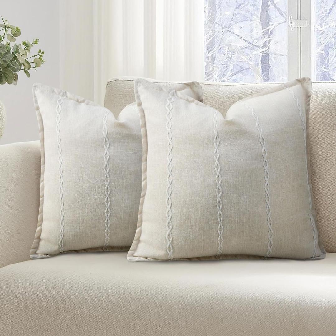 Pyonic Farmhouse Decorative Throw Pillow Covers 18x18 Set of 2, Beige Linen Cushion Covers for Couch Sofa Bed Home Decor