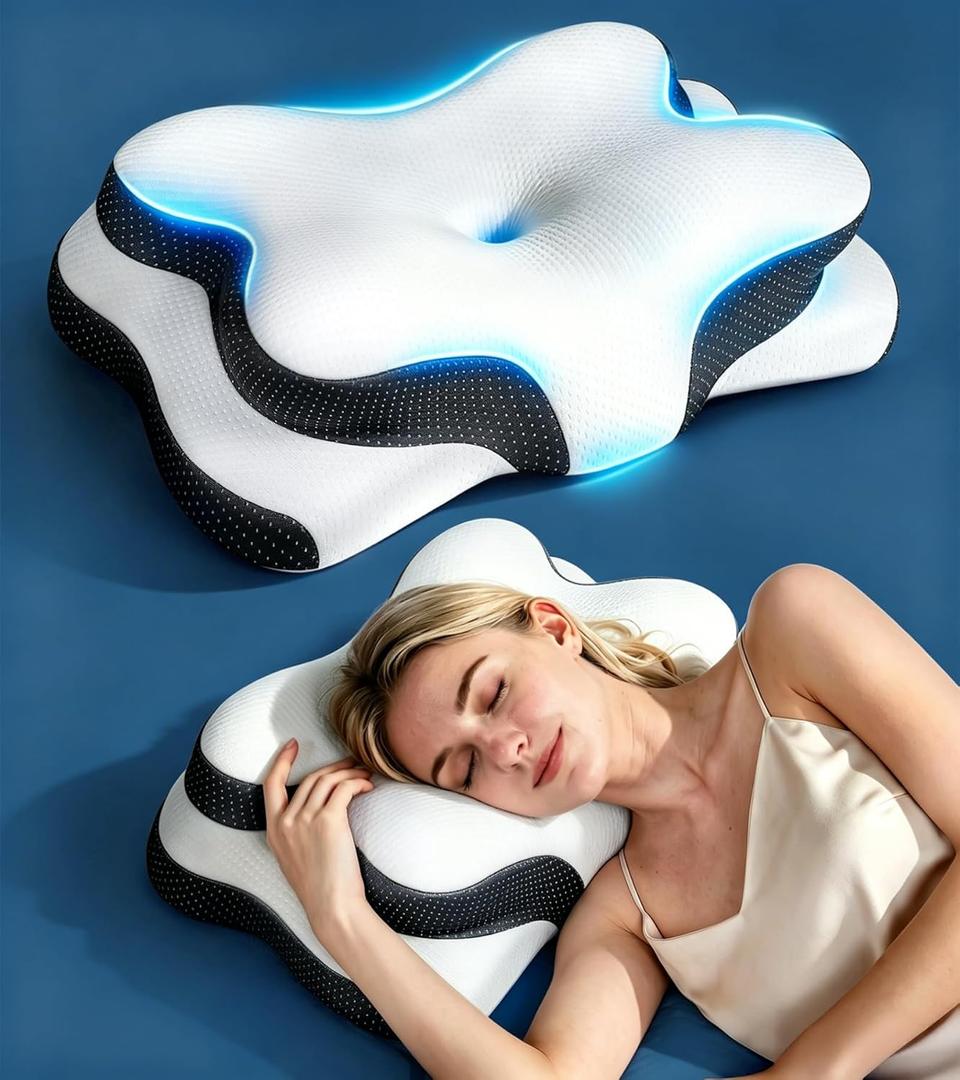 Osteo Zoned Contour Cervical Neck Pillow for Deeper Pain Relief Sleep, Q-max 3X Cooling Pillow with Non-Temperature Affected Memory Foam, Ergonomic Support Pillows for Back Stomach Side Sleeper