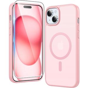 FNTCASE for iPhone 15 Case Matte: iPhone 14/13 Case Magnetic Phone Cases with Screen Protector Compatible with Magsafe Slim Anti Yellowing Rugged Protective Translucent Cell Cover (C-Pink)