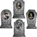 Hiboom 4 Pcs Halloween RIP Graveyard Tombstones with 4 Pcs 3D Changing Face Moving Picture Frame 16.7x13.8 Inch Large Halloween Tombstones Decoration for Yard Garden Lawn(Marble)