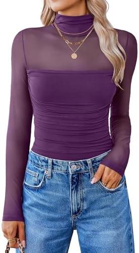 Avidlove Women Long Sleeve Bodysuit Turtle Neck Shapewear Body Suits Mesh One Piece Leotard Shirt Going Out Tops Fall Outfits, M, Dark Purpl