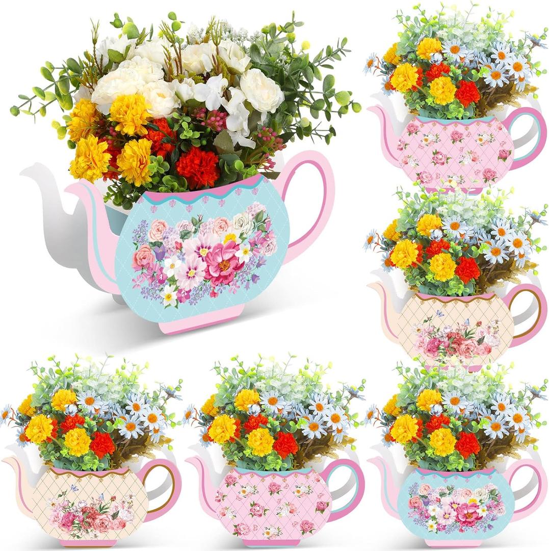 Yinder 6 Pcs Tea Party Decorations Princess Party Flower Boxes Centerpiece Floral Teapot Centerpiece for Floral Tea Themed Birthday Wedding Supplies (Sweet Tea Pot)