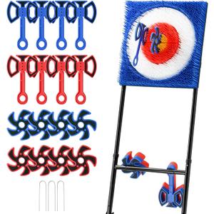 A11N SPORTS Axe Throwing Game with Steel Frame and Bristle Target, Safe Indoor Outdoor Target Game Set, Adjustable Height Yard Game with Axes & Stars for Backyard, Lawn, or Party Play (Blue/Red), Medium to Large