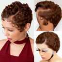 Brown Curly Wavy Pixie Cut Wig 13x4 HD Lace Front 100% Human Hair Wigs, Chocolate Brown Short Curly 13x4 Lace Frontal Glueless Wigs Pre Plucked Deep Wave Pixie Cut Wig for Black Women