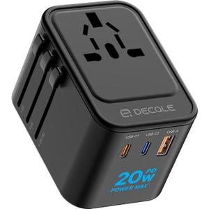 Universal Travel Adapter, International Travel Plug Adapter with 2 USB-C(PD 20W) ＆ 1 USB-A Ports, All in One Portable Adaptor, for USA, UK, EU, AU ＆ 224+ Countries (Black) US