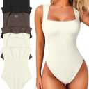 OQQ Women's 3 Piece Bodysuits Sexy Ribbed Strappy Square Neck Sleeveless Tummy Control Tank Tops Bodysuits, Medium,  Black,tea Leaf,beige