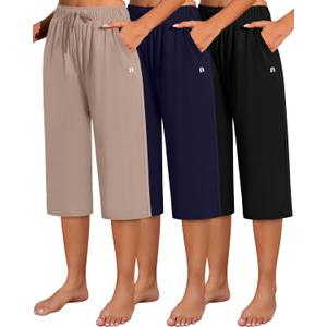 Neer 3 Pack Women's Capri Pants, Cotton Wide Leg Basic Sweatpants Lounge Loose Fit Casual Drawstring Yoga Capris with Pockets (X-Large, Black, Mocha, Navy Blue)