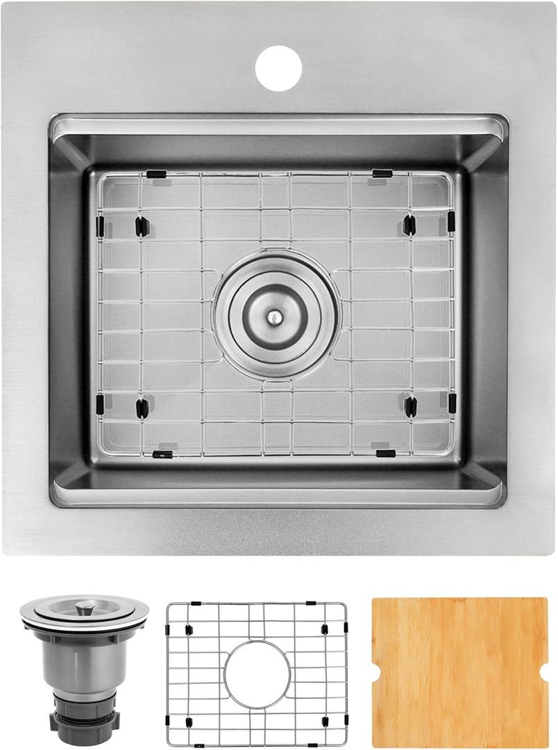 17"X17" Drop-In Top Mount Bar Sink, 16 Gauge Stainless Steel, Single Bowl Workstation Sink,Brushed Finish, Large Volume with Accessories(17" x 17")