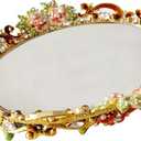 Gold Mirror Vanity Tray, Hand Painted Decorative Jewelry Tray, Metal Makeup Tray for Vanity, Dresser, Countertop (Pink Rose)